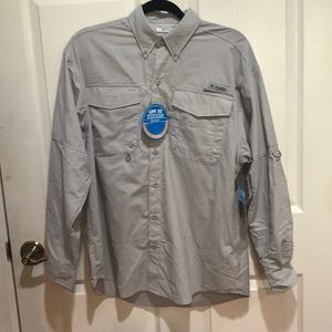 A gray button down for sportswear.